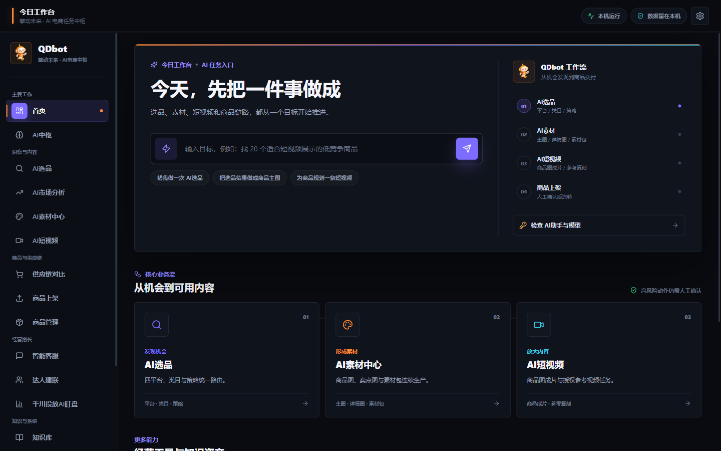 QDbot AI 电商工作台首页界面